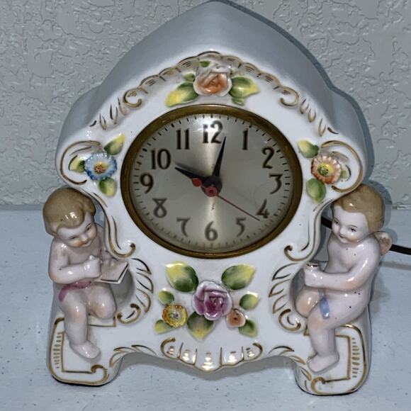 VTG SGK China Made In Occupied Japan Clock Cherub Floral Mantle Desktop WORKS - Picture 2 of 10
